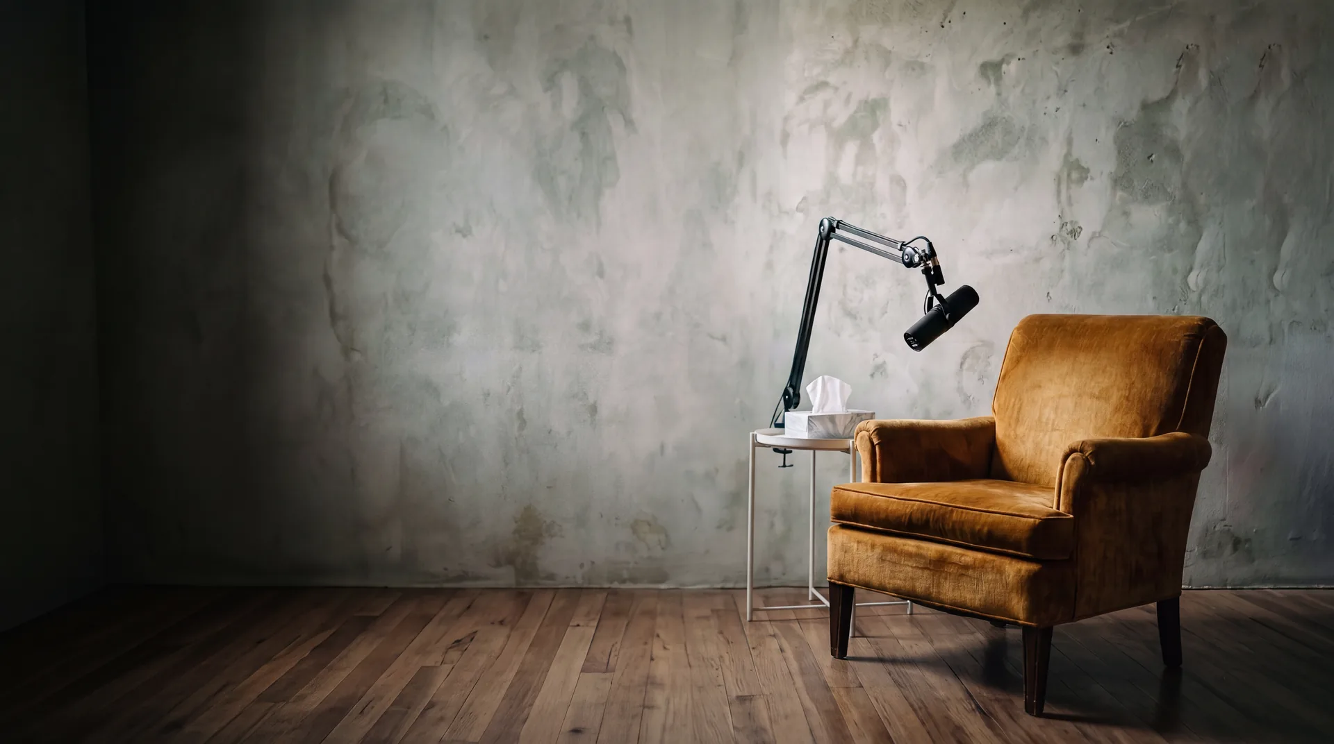 Sillón vacío del estudio bajo la luz del set, con un micrófono a un lado